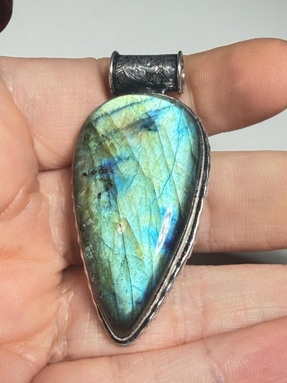 Labradorite Pendant | Blue Green Flash | Teardrop | Hollow Bale | 2 Inches - Picture 10 of 10